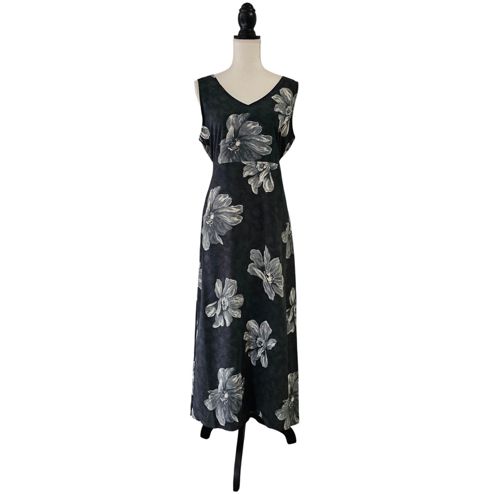 Vintage 90s‎ Gray Floral Tie-Back Sleeveless Dress Size 10 Whimsigoth Grunge